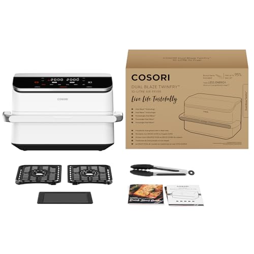 Cosori Freidora de Aire Grande-True Acero Inox-4 Resistencias Dual Blaze TwinFry 10 L-Flexible Doble Cesta Air Fryer 2800 W- Smart WIFI Control– 66 % Eficiencia Energética-6 en 1-Máx 10 Personas