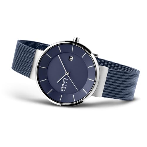 BERING 14639-307 Reloj solar para hombre con caja de acero inoxidable plateado de 39 mm y esfera azul, correa milanesa, cristal de zafiro y resistencia al agua de 5 ATM