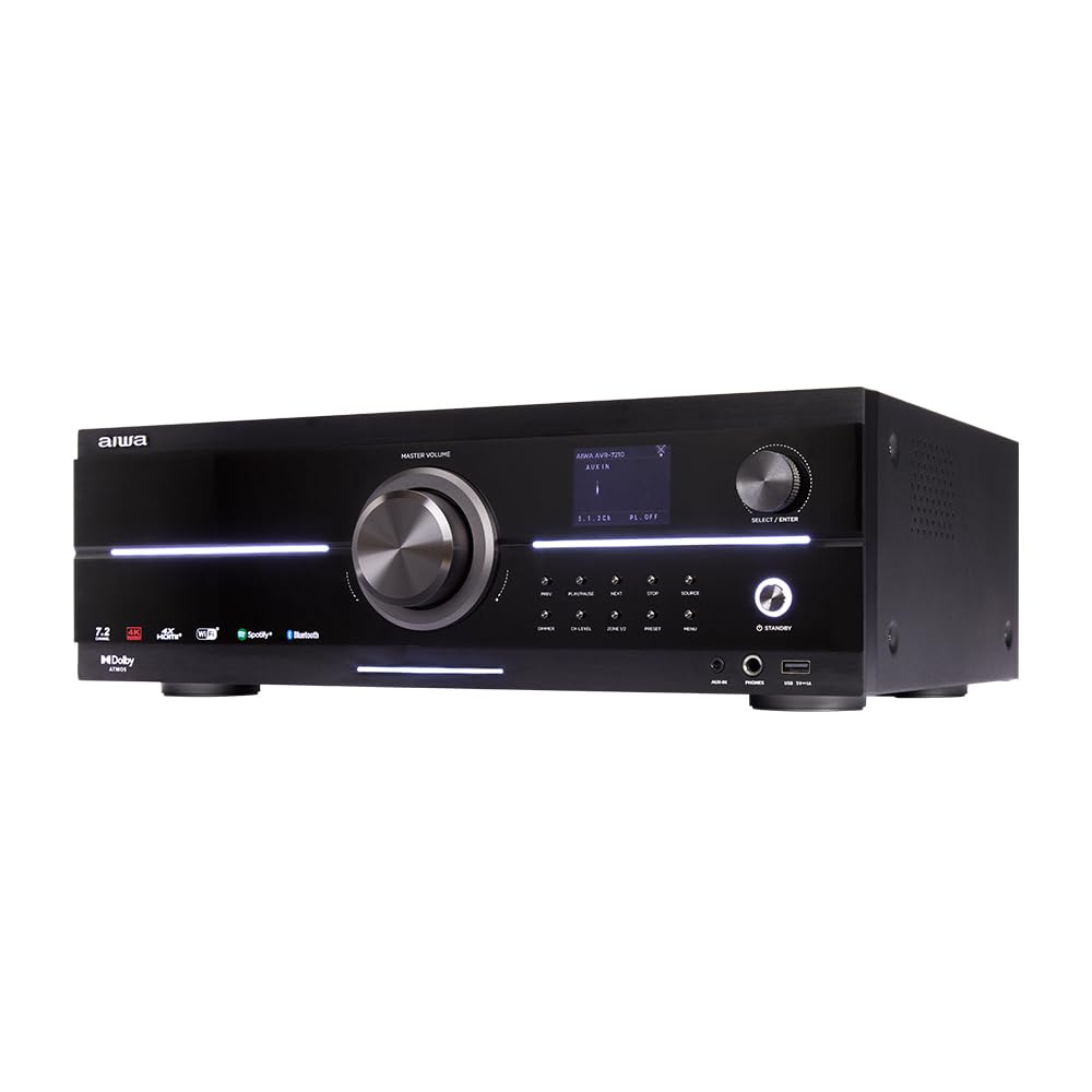 AIWA AVR-7210 Receptor de Audio y Video de 7.2 Canales con Dolby Atmos, Spotify Streaming, AirPlay 2, Bluetooth 5.2 y UHD 4K Passthrough - 1155W Total. Color: Negro