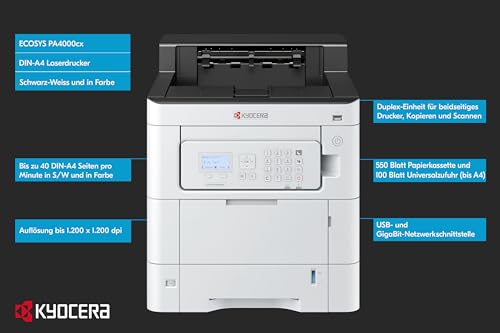 Kyocera Ecosys PA4000cx - Impresora láser a Color (40 ppm, Panel inclinable, Unidad dúplex, 100 + 550 Hojas, Gigabit LAN, Mobile Print)