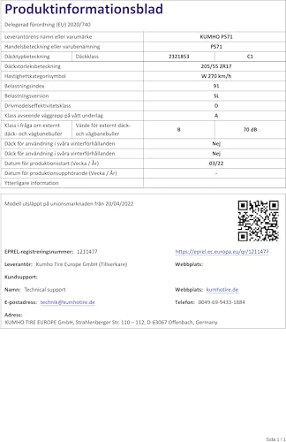 205/55ZR17 KUMHO TL PS71 (NUEVO), 91 W