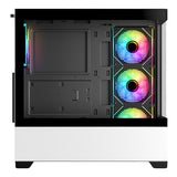 SaharaGaming SG520 con 3 Ventiladores ARGB de Espejo Blanco de 12 cm y Mini Ventilador PWM con Carcasa templada para Juegos con USB 3.0 y USB 2.0, soporta AIO de hasta 360 mm, Fuente de alimentación