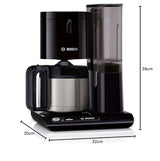 Bosch TKA8A053 Styline - Cafetera de filtro, jarra térmica, ajuste automático, tiempo de preparación, depósito de agua extraíble (1 L), 1100 W, color negro