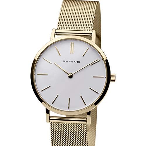 BERING 14134-331 Reloj de cuarzo para mujer con caja de acero inoxidable de 34 mm con acabado dorado y esfera blanca, correa milanesa, cristal de zafiro y resistencia al agua de 3 ATM