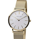 BERING 14134-331 Reloj de cuarzo para mujer con caja de acero inoxidable de 34 mm con acabado dorado y esfera blanca, correa milanesa, cristal de zafiro y resistencia al agua de 3 ATM