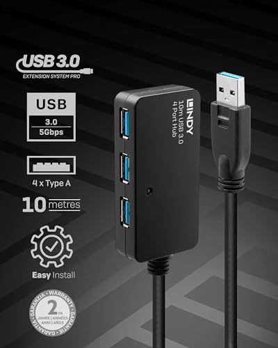 Lindy 43159 Cable Extensor USB 3.0 con concentrador de 3 Puertos, 10 Metros, 5 Gbps