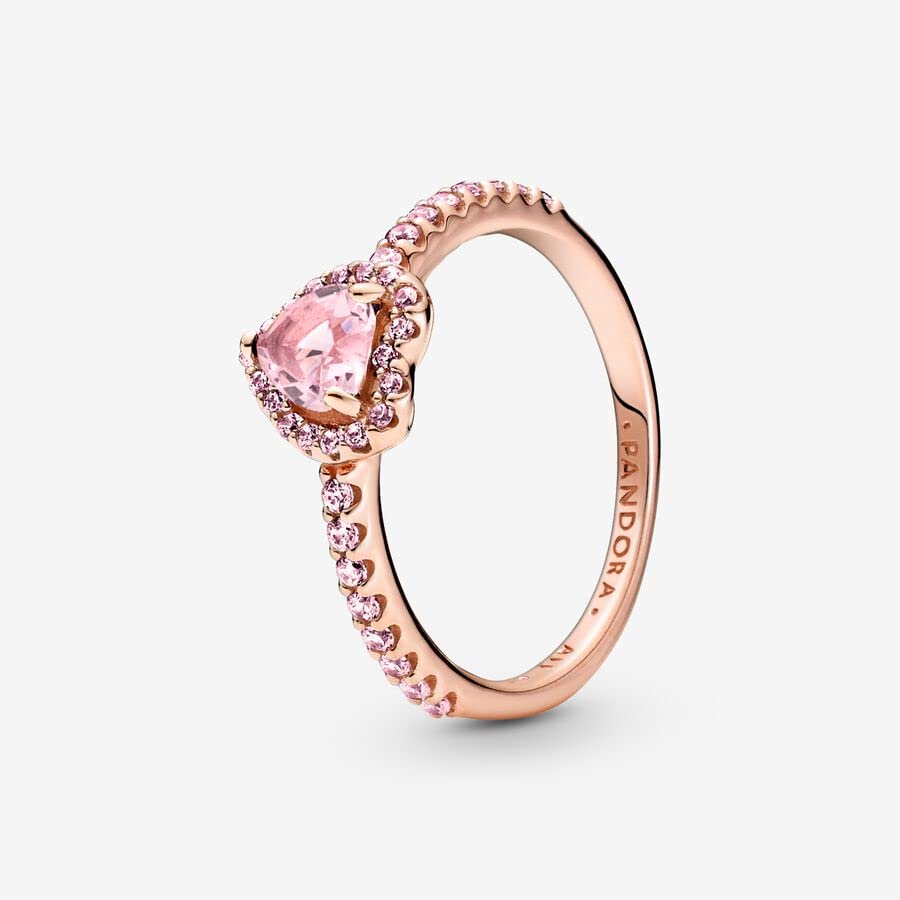 Pandora Timeless Anillo con diseño de corazón chapado en oro rosa de 14 quilates con cristal rosa orquídea y elegante circonita cúbica rosa fantasía, talla 56