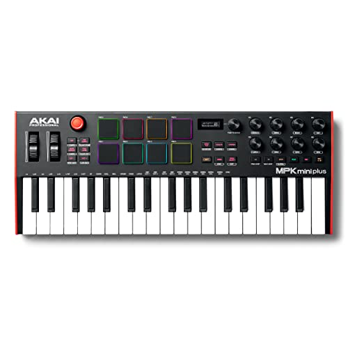 Akai Professional MPK Mini Plus - Teclado Controlador MIDI USB de 37 Mini Teclas con 8 Pads MPC, Secuenciador, MIDI/CV/Gate I/O, Software de Producción y Native Instruments Sound Package