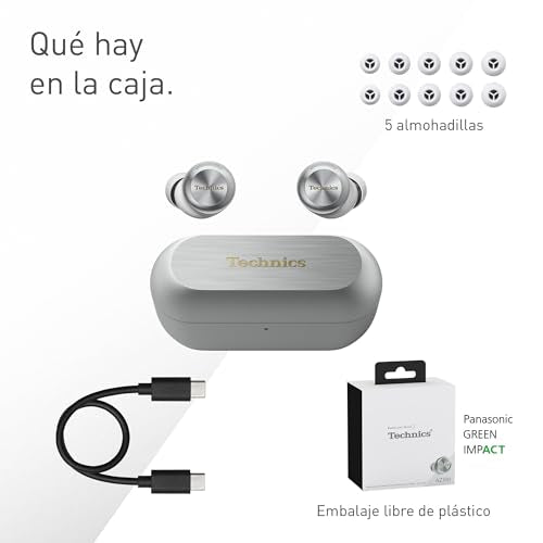 Technics EAH-AZ100E-S Auriculares Inalámbricos con Cancelación De Ruido, Bluetooth Multipunto, Voice Focus AI, Cómodos Auriculares Internos, Color Plateado