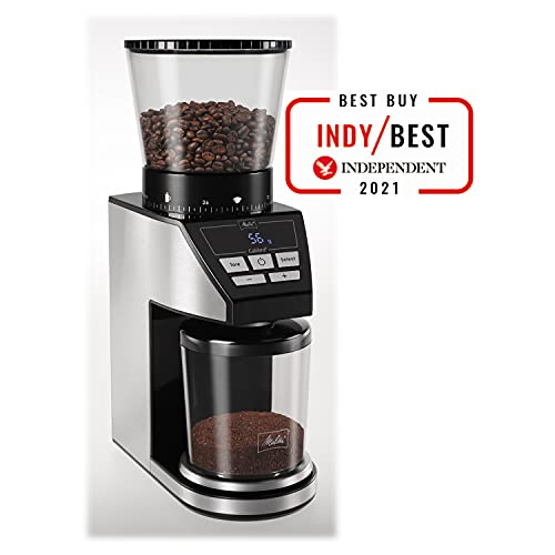 Melitta Calibra 1027-01 - Molinillo de café eléctrico cónico con 39 ajustes de molienda, apto para distintas cafeteras, moledor de café con báscula digital y pantalla LCD, 200 g, negro
