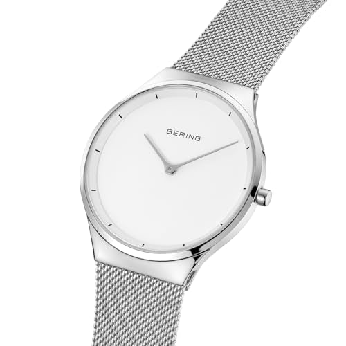 BERING 12138-004 Reloj de Cuarzo Unisex con Caja de Acero Inoxidable Plateado de 38 mm y Esfera Blanca, Correa milanesa, Cristal de Zafiro y Resistencia al Agua de 3 ATM
