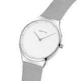 BERING 12138-004 Reloj de Cuarzo Unisex con Caja de Acero Inoxidable Plateado de 38 mm y Esfera Blanca, Correa milanesa, Cristal de Zafiro y Resistencia al Agua de 3 ATM