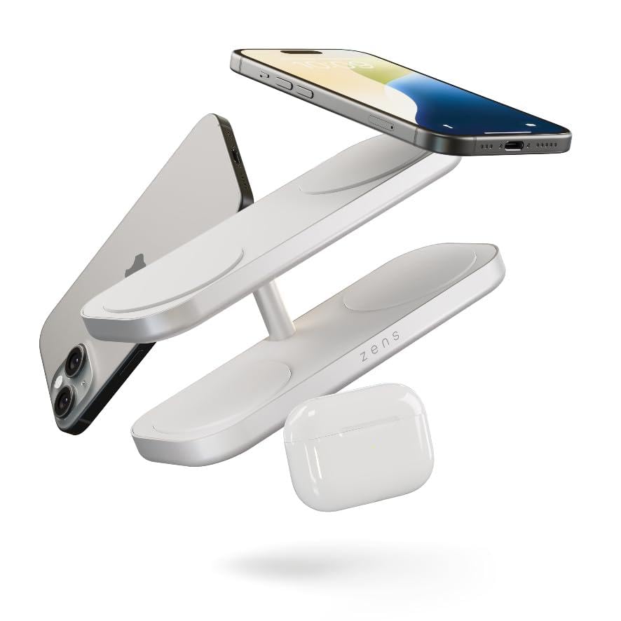 Zens Otterbox Quattro Wireless Charger Pro 4, Cargador inalámbrico MagSafe y Qi2 de 15 W para iPhone/AirPods, Incluye Adaptador de Corriente de 65 W (EU/UK/US) y Cable Integrado de 1,5 m, Blanco