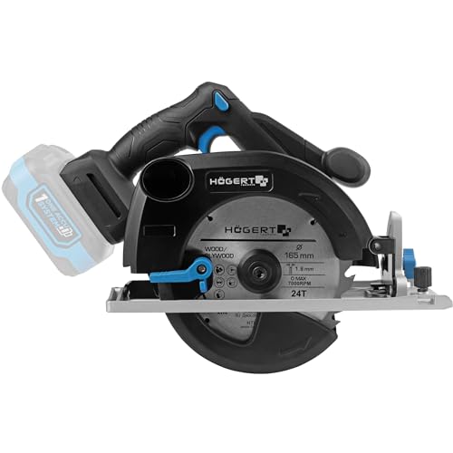 HÖGERT TECHNIK Sierra circular de mano inalámbrica de 18 V, motor sin escobillas, inalámbrico, 0-5000 rpm, diámetro de disco de 165 mm, ajustes sin herramientas, LED, protección de aluminio + PROMO