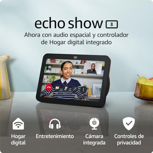 Echo Show 8 (Última generación) | Pantalla táctil inteligente de alta definición con audio espacial, controlador de Hogar digital y Alexa | Antracita