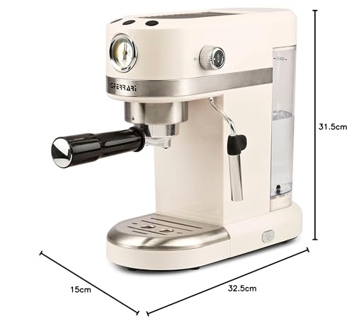 G3 Ferrari G10168 Amarcord Cafetera Espresso, 15 Bares, 1350 W, 1/2 Tazas, Termómetro, Calienta tazas, Depósito de 1,4 Litros, 3 filtros Inoxidables, Beige