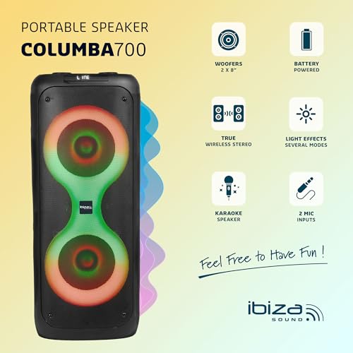 Ibiza - COLUMBA700 - Potente altavoz Bluetooth para karaoke con LED, TWS, USB-C, prioridad de micrófono - 2 entradas de micrófono, grabación, efectos de luz - USB, MicroSD - Negro