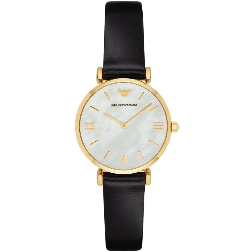 Emporio Armani Reloj de mujer, Movimiento de dos manecillas, caja de acero inoxidable dorado de 32 mm con correa de piel, AR1910, Negro y tono dorado