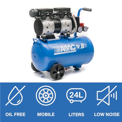 Compresor de aire silencioso EASE-AIR 24 de ABAC, compresor de aire sin aceite, presión máxima 8 bar, potencia 1 hp, Depósito 24 litros, Nivel sonoro 59 dB