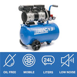 Compresor de aire silencioso EASE-AIR 24 de ABAC, compresor de aire sin aceite, presión máxima 8 bar, potencia 1 hp, Depósito 24 litros, Nivel sonoro 59 dB