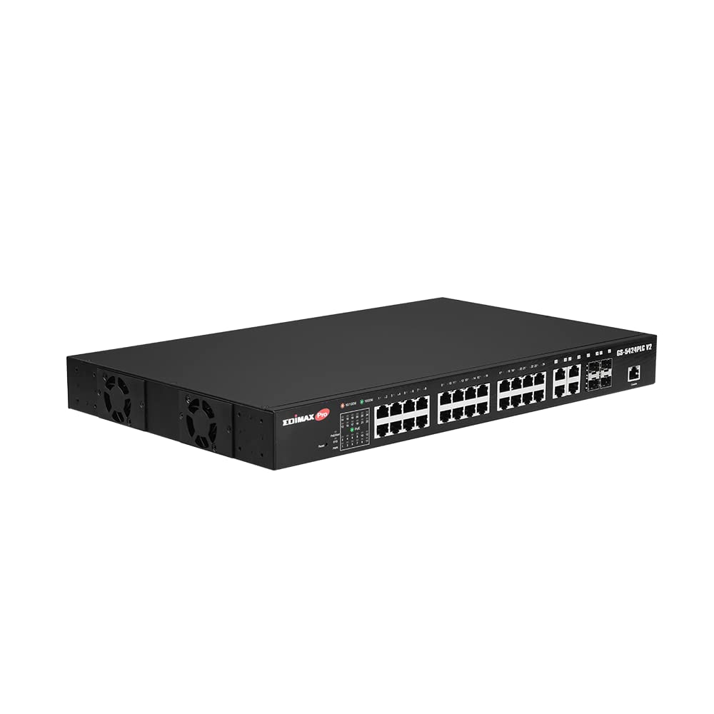 Edimax GS-5424PLC V2 - Conmutador Web Inteligente de Largo Alcance con 28 Puertos Gigabit PoE+, 4 Puertos Gigabit Combo RJ45/SFP