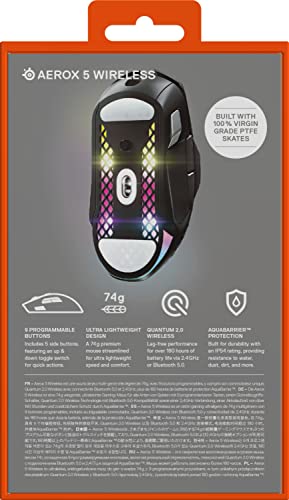 SteelSeries Aerox 5 Wireless - Ratón gaming perforado RGB - Diseño ultraligero resistente al agua - 9 botones - Bluetooth/2,4 GHz - Sensor óptico TrueMove Air 18K DPI