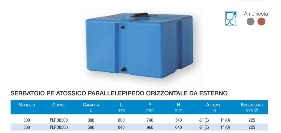 Depósito de Polietileno Certificado para Agua Potable paralelepípedo Rectangular bajo Mod. 300 litros Gris Made in Italy