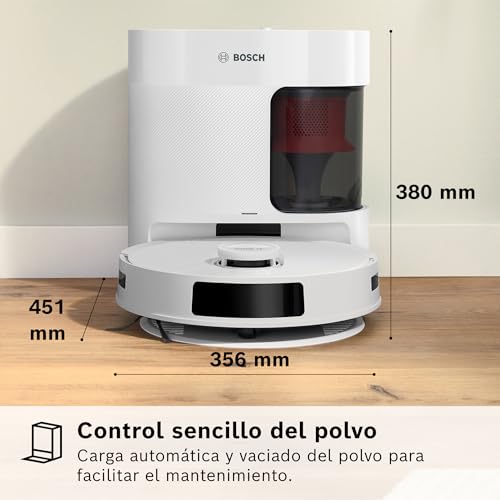 Bosch - Robot Aspirador Spotless +, BCRD1W, aspira y friega, Potencia 11.000 Pa², Almohadilla húmeda Fija, estación Seca, Sistema Inteligente de visión por Infrarrojos, Bosch Home Connect App, Blanco