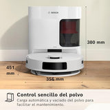Bosch - Robot Aspirador Spotless +, BCRD1W, aspira y friega, Potencia 11.000 Pa², Almohadilla húmeda Fija, estación Seca, Sistema Inteligente de visión por Infrarrojos, Bosch Home Connect App, Blanco