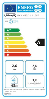 De'Longhi EM Series Pinguino Pac EM93K Silent, Aire Acondicionado Portátil Silencioso, 10.500 BTU/h, 90m3, 2.6 kW, 3 Velocidades, Gas R290, 1105 W, 90 Cubic_Feet, 63 Decibeles, White