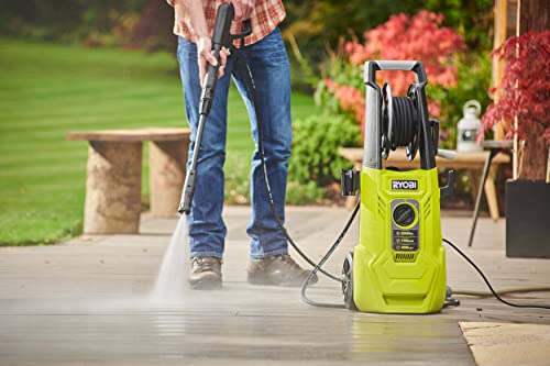 RYOBI - Hidrolimpiadora de Alta Presión 2000W, 150 Bares, 450l/h - Manguera 8m, Carrete, 2 Lanzas (1Vario, 1Turbo), Depósito Detergente 0,9l, Limpiador Suelos 25cm, Cepillo Multisuperficie - RY150PWA