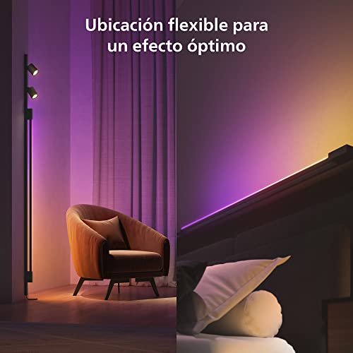 Philips Hue - Kit Perifo Iluminación en carril Luz Blanca y de Colores - Set base de pared (negro) de 200cm con 2 focos y tubo de luz Gradient - Anclajes incluidos