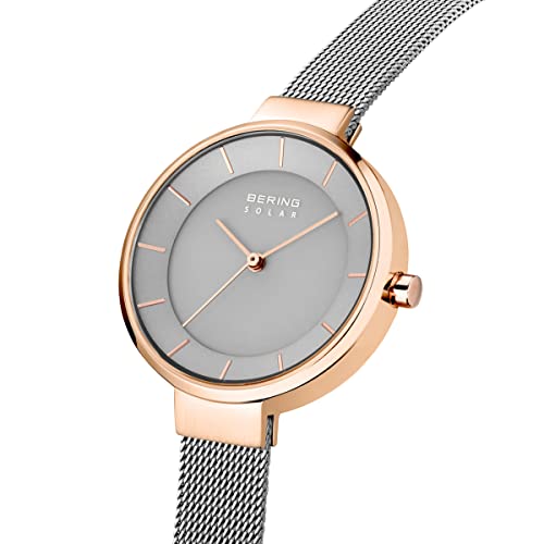 BERING 14631-369 Reloj solar para mujer con caja de acero inoxidable de 31 mm con acabado en oro rosa y esfera gris, correa milanesa, cristal de zafiro y resistencia al agua de 5 ATM