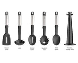 Joseph Joseph Elevate Utensilios de Cocina de Silicona, 5 Piezas, Accesorios sin BPA, Antiadherentes, Resistentes al Calor, Mango en Acero Inoxidable, con Soporte Giratorio