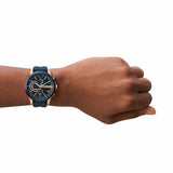 Armani Exchange Orologio da uomo, Movimento cronografo al quarzo e cassa da 46 mm con cinturino in silicone, Tono oro rosa y azul oscuro