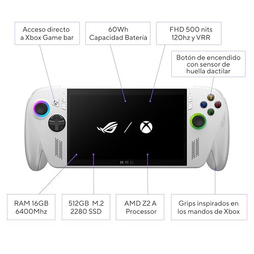 ASUS ROG Xbox Ally - Consola Portátil Gaming 7" Full HD 120Hz (AMD Ryzen Z2 A, 16GB RAM, 512GB SSD, Batería 60Wh, Windows 11, Consigue 3 meses gratis de Game Pass Premium) - Color Blanca