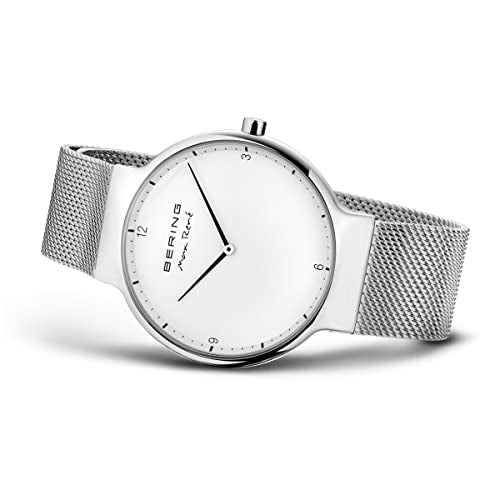 BERING 15540-004 Reloj de cuarzo para hombre con caja de acero inoxidable plateado de 40 mm y esfera blanca, correa milanesa, cristal de zafiro y resistencia al agua de 5 ATM