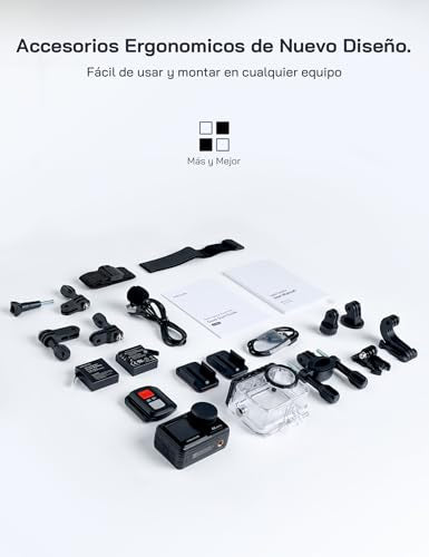WOLFANG GA420 Cámara Deportiva Doble Pantalla 4K 60FPS 24MP, 10M Cuerpo/40M Impermeable, WiFi Webcam Videocámara Subacuática, Micrófono Dual, Control Remoto, EIS, 2x1350mAh Baterías,Accesorios