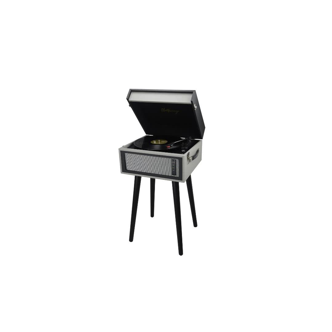 Platino de Vinilo Halterrego con 4 Patas de Madera extraíbles y HP integradas, RMS 2 x 5 W, RCA out, Aux in y Toma de Auriculares, BT in/out, lec y enrg USB, Gris