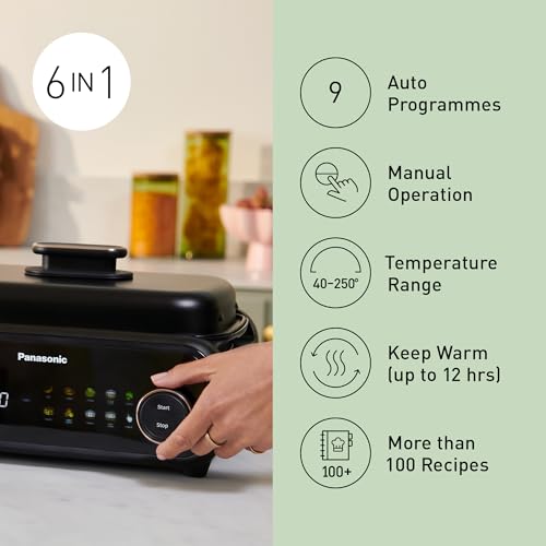 Panasonic NF-GM600 - Olla Multifunción Eléctrica 6 en 1, 1400 W, 40-250 °C, 9 Modos Automáticos, 6 Accesorios Platos, Extractor de Humo, Apta para Lavavajillas, Cable de 2,5 m, Color Negro