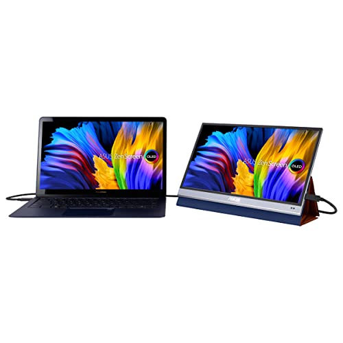 ASUS ZenScreen OLED MQ13AH - Monitor portátil de 13,3 Pulgadas (FHD (1920 x 1080), 100% DCI-P3, 1 ms, Delta E < 2, HDR-10, USB-C, Mini HDMI, Smart Case, antiparpadeo, Baja luz Azul, Negro