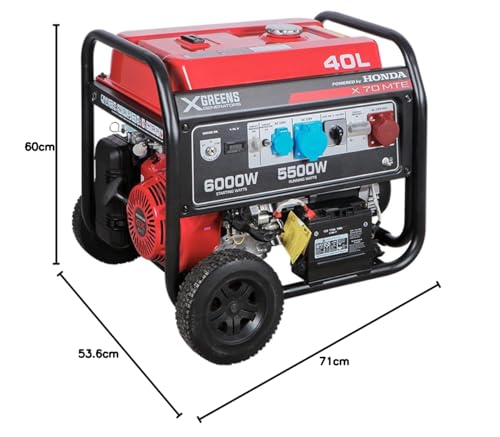 XGREENS Generador de corriente (gasolina) X70MTE (máx. 6.000W, depósito 40 l, AVR, Powered by Honda, eléctrico, ruedas, alerta aceite, trifásico, 3 tomas 230/400V, protección térmica y panel digital)