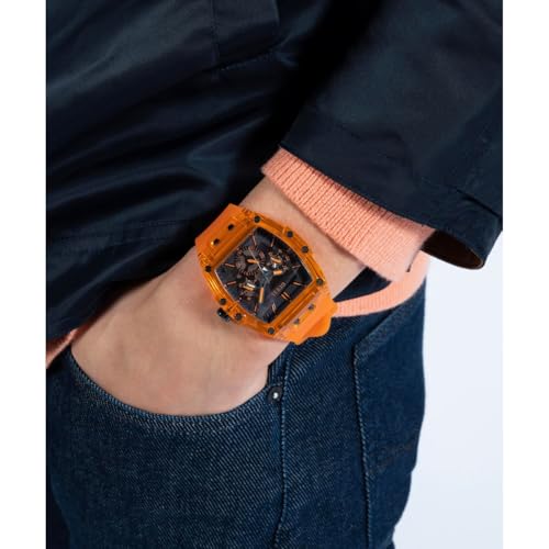 GUESS Trend Casual Tonneau Diamond - Reloj para Hombre, 43 mm, Esfera Negra, Caja y Pulsera de Acero Inoxidable, Naranja, Deportivo/Casual