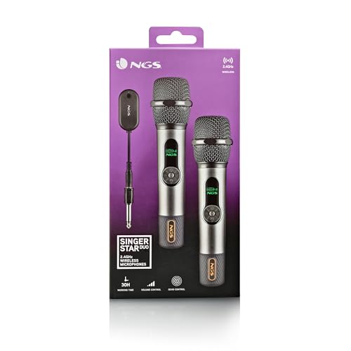 NGS Singer Star Duo – Pack 2 Micrófonos Inalámbricos Dinámico 2,4GHz, Autonomía 30h, Control de Volumen y Eco, Indicador de Batería, Conexión Jack 3,5mm y 6,3mm – Ideal para Karaokes y Eventos