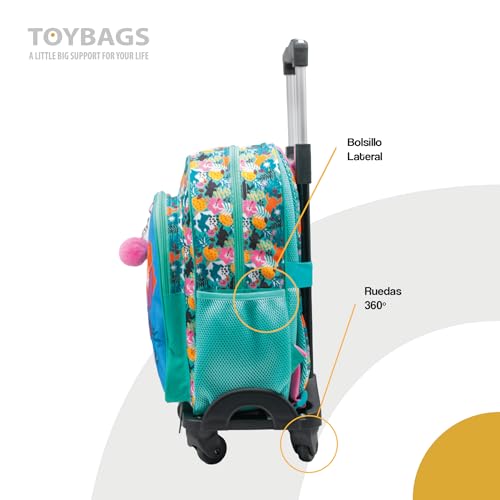 ToyBags Mochila Escolar Stitch Tropical - Doble Compartimento - CON ACCESORIO POM-POM - Adaptable + CARRO NEGRO PROTECCION LATERAL Y STOPER FRONTAL ANTI CAIDA 4 ruedas giratorias - 44 X 30 X 20 CM