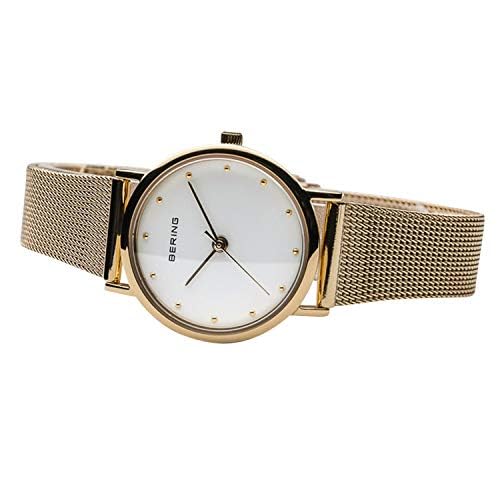 BERING 13426-334 Reloj de cuarzo para mujer con caja de acero inoxidable de 26 mm con acabado dorado y esfera blanca, correa milanesa, cristal de zafiro y resistencia al agua de 3 ATM