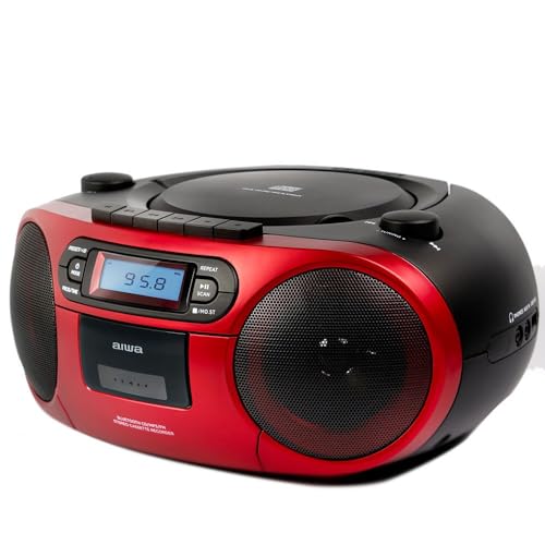 Aiwa BBTC-550RD - Radio Cassette Portátil con CD, Bluetooth y USB, Grabador de Cassettes. Color: Rojo