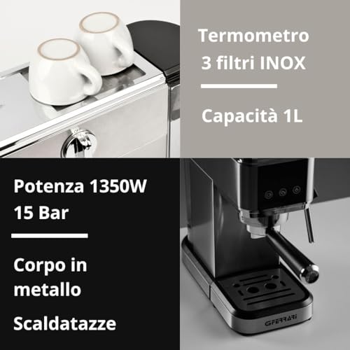 G3 Ferrari G10189 Tiffany Máquina de Café Espresso, 15 Bares, Calientatazas, Compatible con Monodosis y Café Molido, Función de Stop, Vaporizador para Capuchino, 3 Filtros IOX, Depósito de 1L, Gris