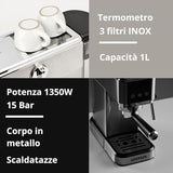 G3 Ferrari G10189 Tiffany Máquina de Café Espresso, 15 Bares, Calientatazas, Compatible con Monodosis y Café Molido, Función de Stop, Vaporizador para Capuchino, 3 Filtros IOX, Depósito de 1L, Gris