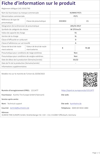 205/55ZR17 KUMHO TL PS71 (NUEVO), 91 W
